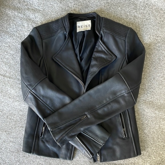 Reiss leather jacket - asymmetric zip, slate color - Picture 3 of 12